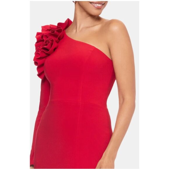 Xscape Ruffle One-Shoulder Gown Red Wmns 8 - Picture 2 of 7